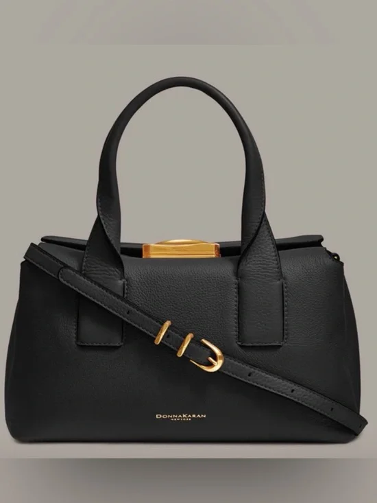 NWT Donna Karan Amagansett Black Leather Satchel w/ Jewelry like closure. - Picture 1 of 16